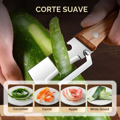 Vista 5 de Cuchillo pelador de frutas grueso multifuncional de acero inoxidable para cocina, hoja ultraafilada con mango de madera y abridor de botellas