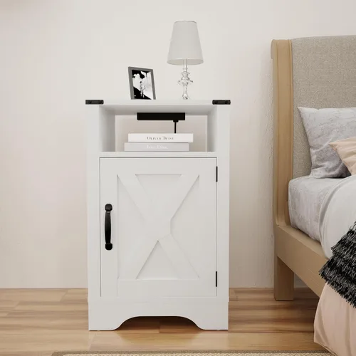 Vista 3 de FansaFurn Farmhouse - Mesa auxiliar con estación de carga para dormitorio Mesitas de noche rústicas blancas con armario de almacenamiento y Blanco