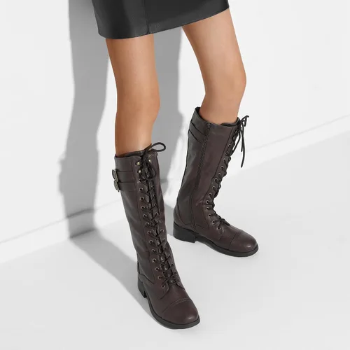 Vista 6 de DREAM PAIRS - Botas de poliuretano a la rodilla para mujer, estilo de equitación o combate