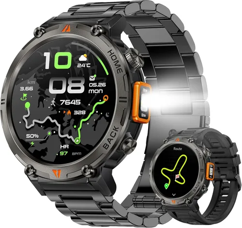 Vista 10 de Relojes inteligentes militares para hombres con GPS incorporado 3ATM impermeable con linterna de llamada/LED, reloj inteligente táctico resistente