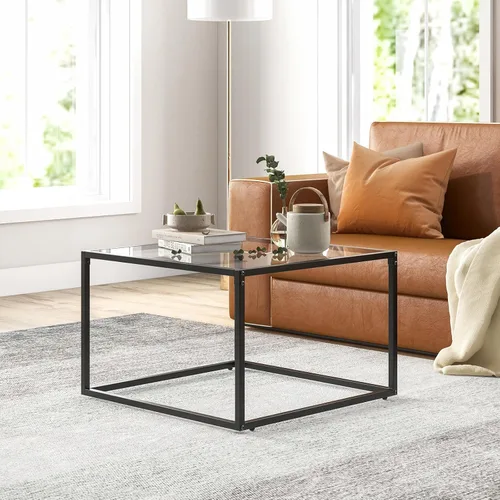 Vista 8 de COSTWAY Mesa auxiliar de cristal, mesa cuadrada de cristal de 27.5 pulgadas con marco de metal, mesa de té central moderna para sala de estar