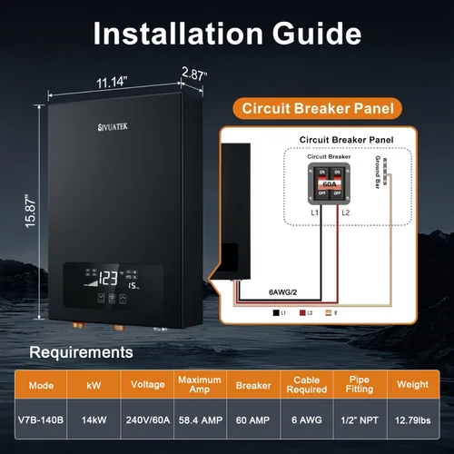 Vista 4 de Calentador de agua eléctrico sin tanque SIVUATEK 14kW, 240V - Agua caliente bajo demanda para toda la casa - Certificado ETL, automodulación