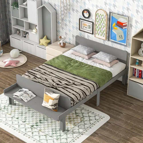 Vista 9 de Dolonm Marco de cama individual para niños con banco de estribo, gris, madera de pino, estilo moderno, no necesita somier