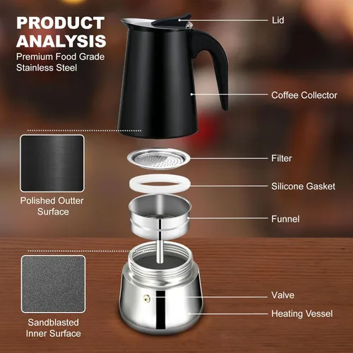Vista 4 de Estufa de 2 tazas de acero inoxidable, cafetera italiana, capacidad para café moca, cocina clásica de inducción para el hogar y campamento, 3.3