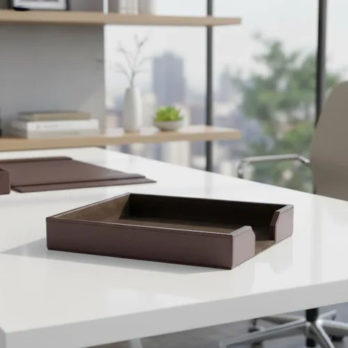 Vista 2 de Dacasso Bandeja de lujo de cuero regenerado marrón oscuro, organizador de papel para artículos esenciales de oficina y decoración de escritorio