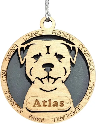 Vista 190 de Adorno de Navidad personalizado para perro Cavalier King Charles Spaniel, redondo de 3 pulgadas, madera cortada con láser de 2 capas, nombre y texto