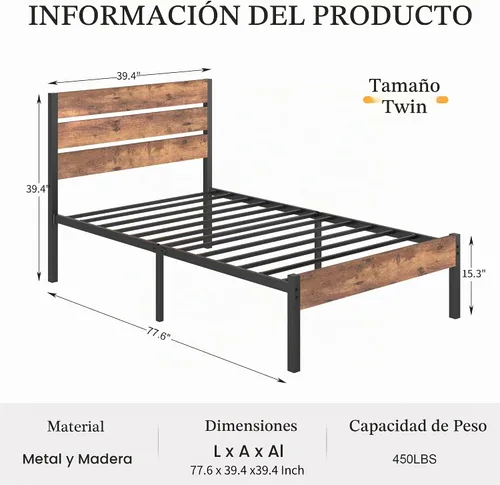 Vista 2 de VECELO Base de cama tamaño individual, plataforma de metal resistente con cabecera de madera, no necesita somier, color marrón antiguo