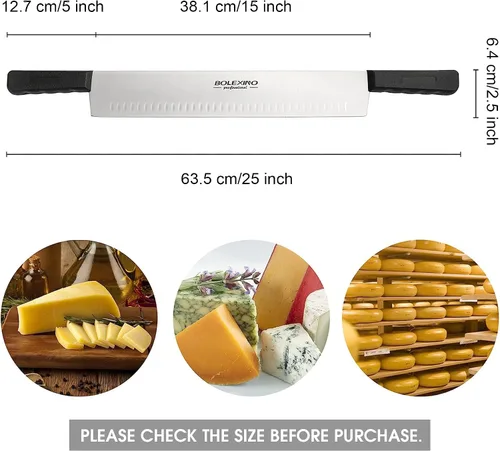 Vista 2 de Cuchillo de queso de doble mango de 15 pulgadas para embutidos, hoja de acero inoxidable de alto carbono con asas de plástico negro de 5 pulgadas