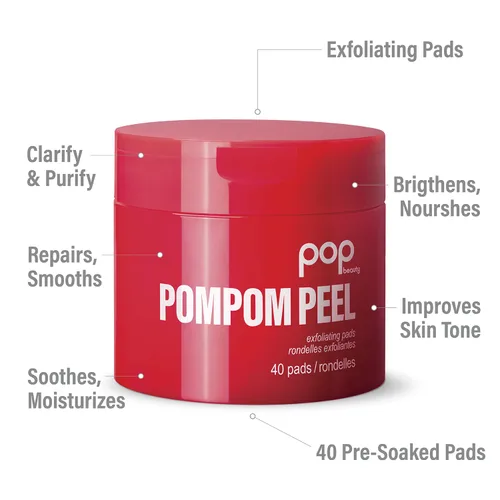Vista 3 de POP Beauty POMPOM PEEL - 40 almohadillas exfoliantes preempapadas, renovadoras, purificadoras, iluminadoras, alisas, granadas, hamamelis, ácido