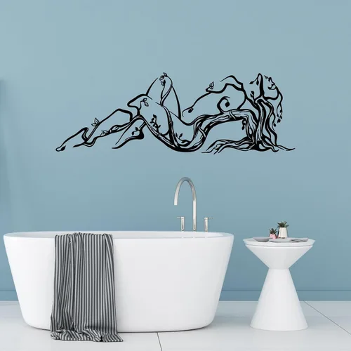 Vista 2 de Vinilo adhesivo para pared, diseño de niña de la naturaleza desnuda, ramas de árbol, decoración grande (971ig), color gris
