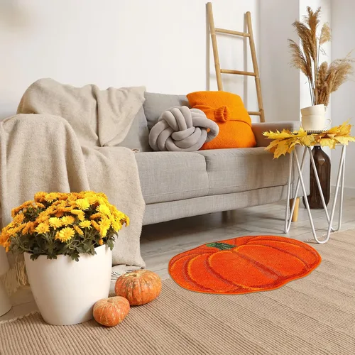 Vista 2 de AnyDesign Alfombra de baño de otoño, bonita alfombra de baño con forma de calabaza, alfombra de ducha antideslizante naranja otoñal, alfombra