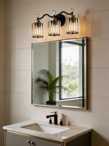 Vista 6 de Moderna lámpara de cristal para tocador de baño, 3 luces negras y doradas, lámparas de tocador sobre espejo, lámpara de pared de vidrio