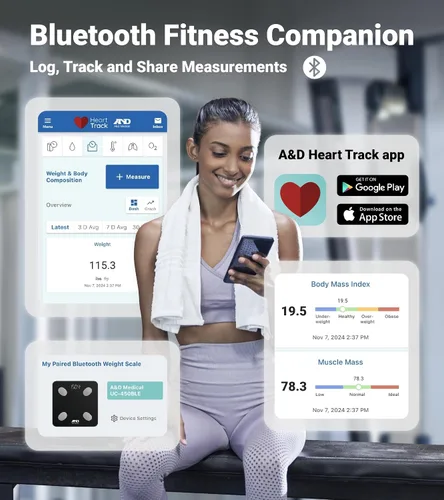 Vista 3 de A&D Medical Báscula inteligente para peso corporal, UC-450BLE, báscula de grasa corporal Bluetooth con IMC, composición corporal, báscula digital