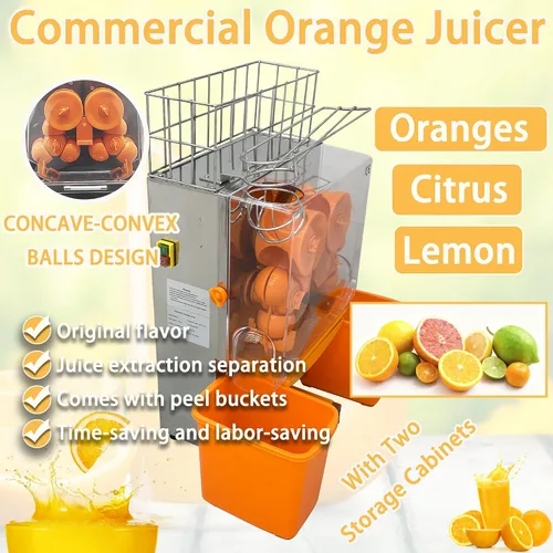 Vista 2 de Máquina exprimidora naranja comercial de 110 V, extractor automático de acero inoxidable naranja con engranajes de acero, 2 cáscaras que recogen