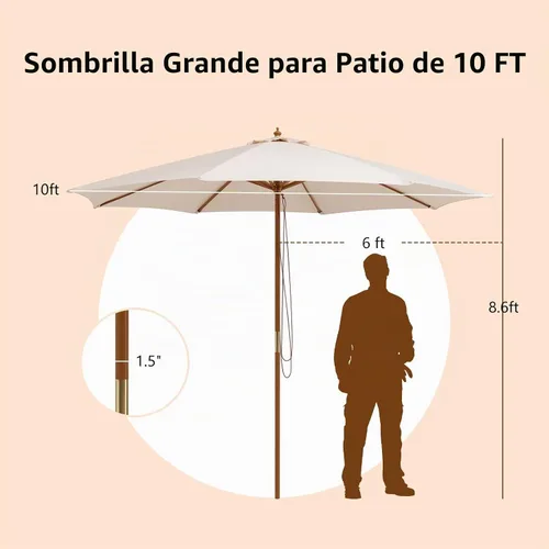 Vista 7 de HAPPYGRILL Sombrilla de madera para patio de 10 pies con polea de cuerda y Beige