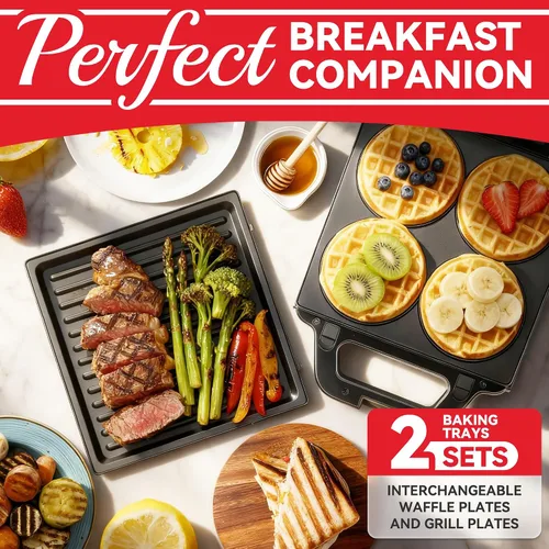Vista 2 de SugarWhisk Mini Waflera 2 en 1 con Placas Extraíbles, Prensa Panini para Sándwiches, Prensa para Sándwiches, Waflera Eléctrica, Sandwichera