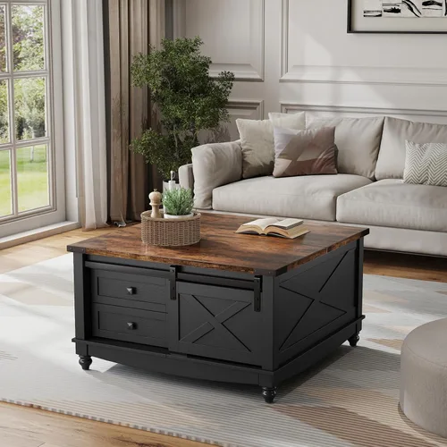 Vista 7 de ALLSTAND Mesa de centro elevable de 31.5 pulgadas con almacenamiento, mesas de centro de granja para sala de estar, mesa de centro cuadrada con gran