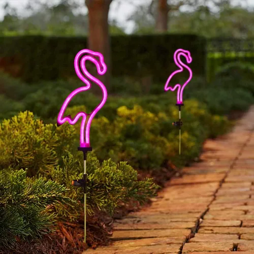 Vista 7 de Juego de 2 luces solares de flamenco rosa para jardín, luces solares para caminos para césped, patio, pasarela, iluminación rosa neón