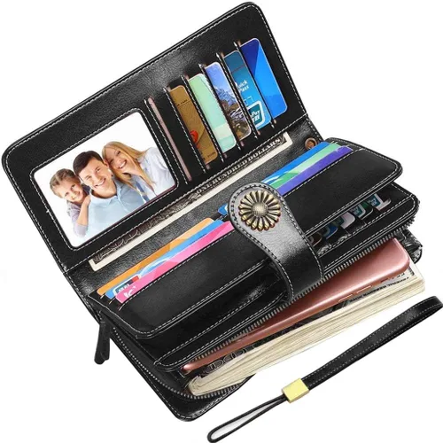 Vista 7 de Cartera de cuero genuino para mujer con correa, 24 ranuras para tarjetas, 2 compartimentos para tarjetas de identificación, ventanas para efectivo