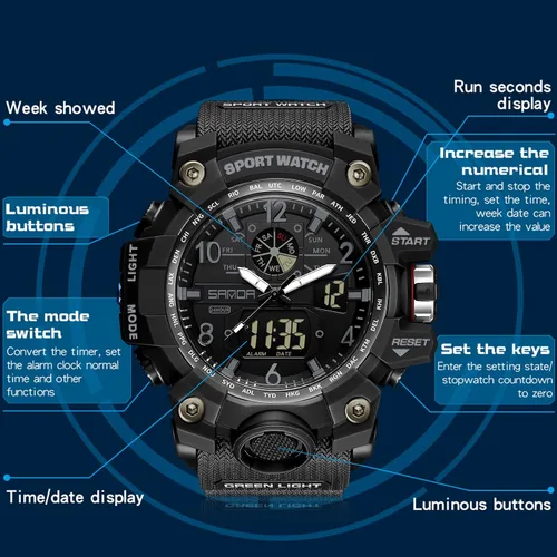 Vista 5 de Reloj militar para hombre, de doble pantalla, impermeable, deportivo, digital, muñeca grande, con alarma