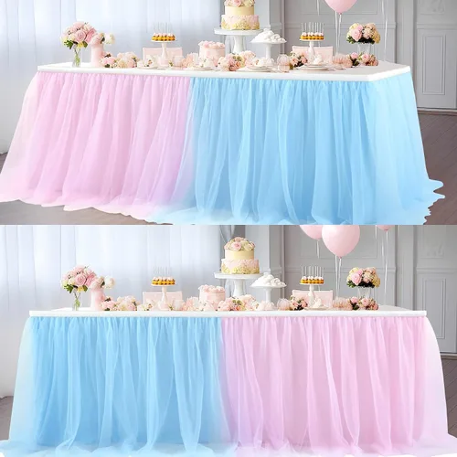 Vista 26 de Suppromo Pack de 2 faldas de mesa de tul azul de 6 pies para mesas rectangulares o redondas, mantel de tul azul para baby shower, cumpleaños