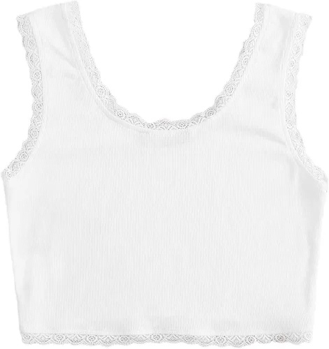 Vista 2 de Verdusa Camiseta corta sin mangas con cuello redondo y encaje en contraste para mujer