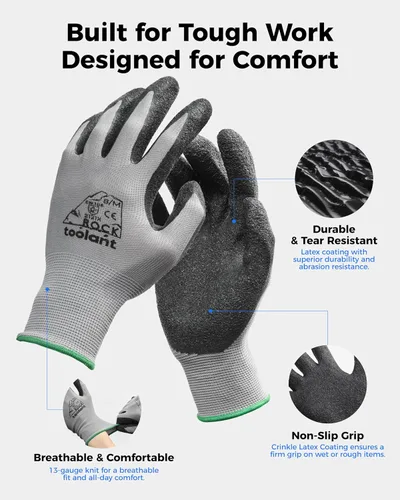 Vista 2 de toolant Guantes de trabajo de látex arrugado a granel, guantes de seguridad con revestimiento de goma para hombres y mujeres, 12 pares para Negro