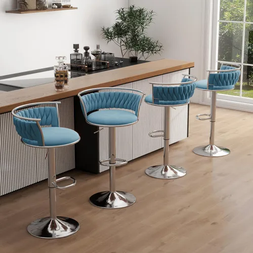 Vista 36 de Juego de 2 taburetes de bar giratorios de 360°, silla de bar de terciopelo ajustable a altura de mostrador moderna, taburete de metal plateado