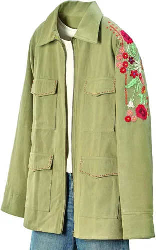Vista 3 de FLORIANA Chaqueta de utilidad bordada floral para mujer, chaqueta de campo con bolsillos