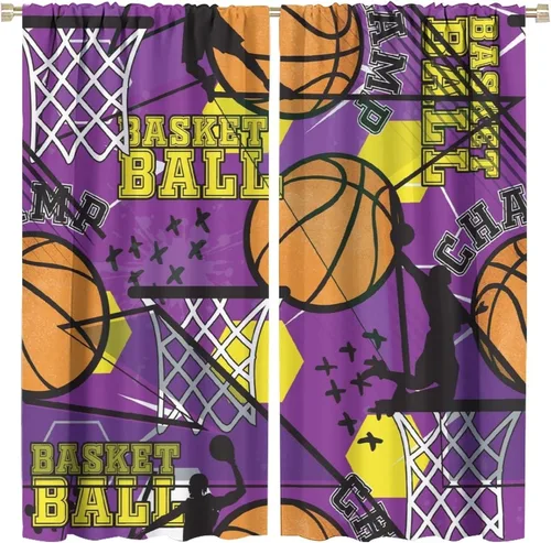 Vista 42 de Cortinas deportivas de baloncesto para niños, patrón de llama de bola 3D naranja, 42 pulgadas de ancho x 45 pulgadas de largo