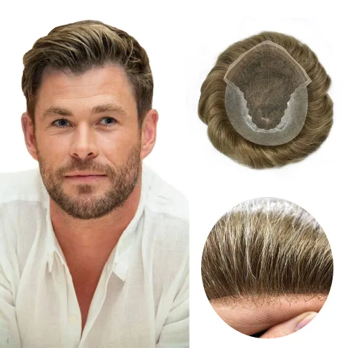 Vista 3 de Pieza de cabello para hombres suizo frente encaje frontal tupé europeo Remy sistema de reemplazo de cabello humano nudo blanqueado línea capilar