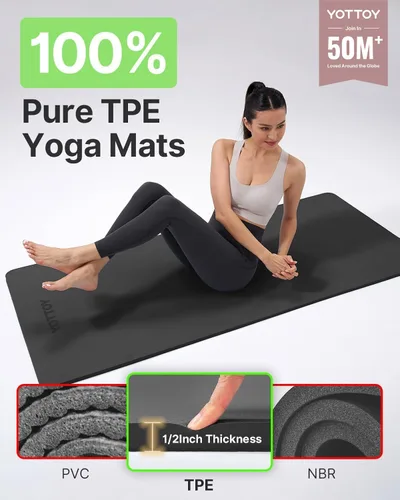 Vista 2 de YOTTOY Tapete de Yoga, Tapete de Yoga Extra Grueso (1/2 pulgada), Tapete Profesional de TPE para Ejercicio, Tapete de Entrenamiento Antideslizante