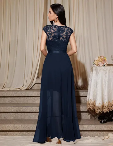 Vista 3 de Bbonlinedress Vestido de cuello en V para mujer con encaje floral alto-bajo, para invitadas de boda, graduación, cóctel, fiesta formal y dama