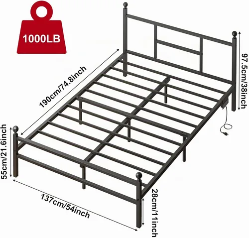 Vista 2 de Fixwal Base de cama de tamaño matrimonial con estación de carga, marco de cama de metal con puerto y toma de corriente
