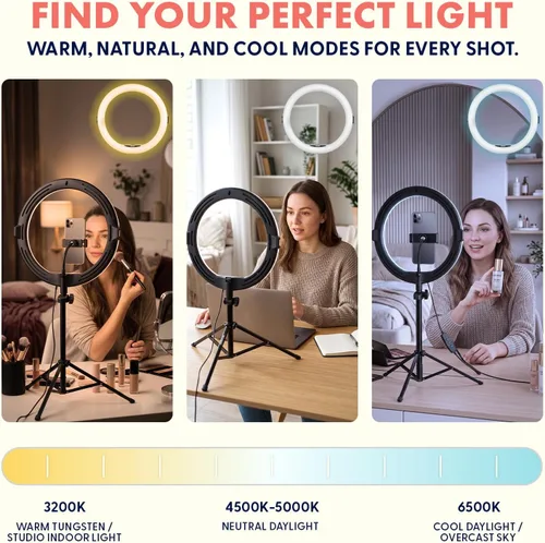 Vista 8 de SQUATZ Anillo de luz LED de 11 pulgadas para selfie de 12 W con control por cable, 3 modos de color, 10 niveles de brillo, soporte de trípode con 6