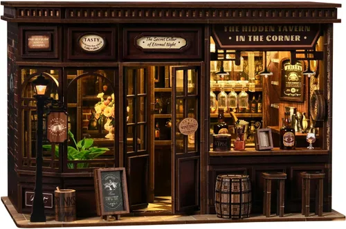Vista 10 de Kit de rincón de libros de bricolaje, kit de casa de muñecas en miniatura con muebles y luz LED, rompecabezas 3D de madera para libros, kits