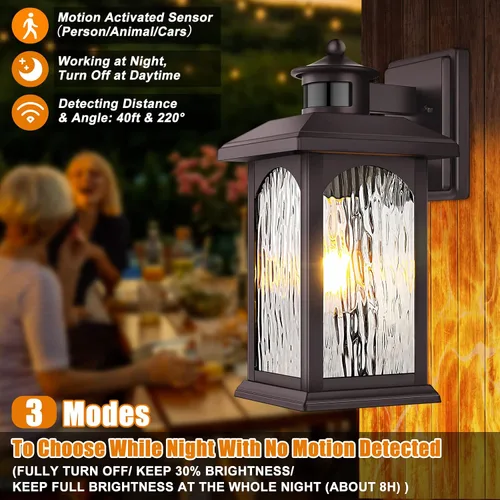 Vista 2 de Aplique de pared marrón con sensor de movimiento para exteriores, iluminación inteligente del atardecer al amanecer, luces de pared de bronce