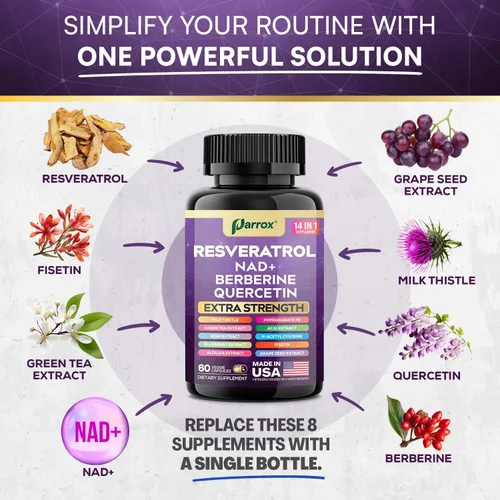 Vista 3 de Paquete de Metaboost y Resveratrol – Soporte GLP-1 20 en 1 a base de plantas con berberina, Akkermansia, L-carnitina + complejo antioxidante 14 en 1