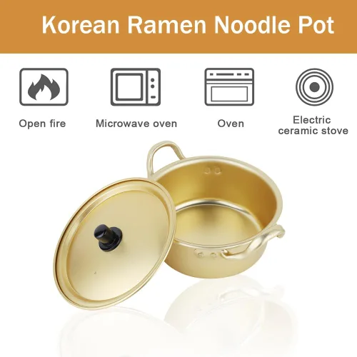 Vista 2 de Olla de fideos ramen coreanos, utensilios de cocina de fideos ramen, aluminio amarillo, antiadherente, tradicional coreano, cuenco de cocción rápida