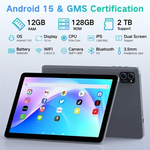Vista 2 de Tablet Android 15 de 10.1 Pulgadas con Gemini AI – Octa-Core 12GB RAM 128GB ROM (Expandible a 2TB), Tablets PC con Pantalla Táctil HD Grande