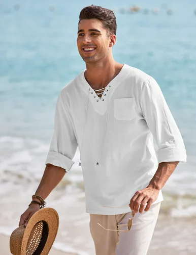 Vista 4 de COOFANDY Camisas de lino y algodón para hombre, con cordones, estilo hippie, estilo casual, para la playa, cuello en V