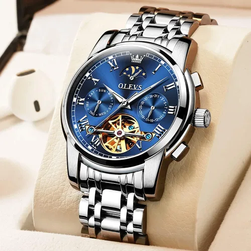 Vista 4 de OLEVS reloj mecánico automático, reloj de cuerda automático de lujo para hombre a prueba de agua, acero inoxidable.