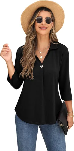 Vista 4 de QIXING Blusa casual de verano para mujer, cuello en V, con botones, elegante, para mujer