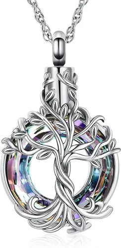Vista 13 de shajwo Collar de cenizas de urna de cremación del árbol de la vida para mujeres y hombres, círculo de la vida, cristales de cremación, colgante