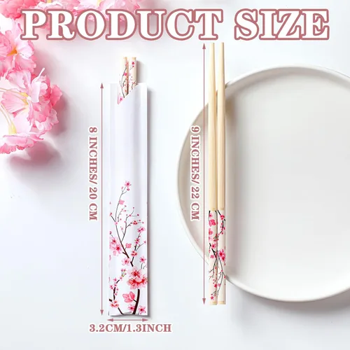 Vista 2 de 50 pares de palillos de flor de cerezo a granel con funda azul, palillos desechables de bambú de eucalipto, favores de boda, suministro de comida