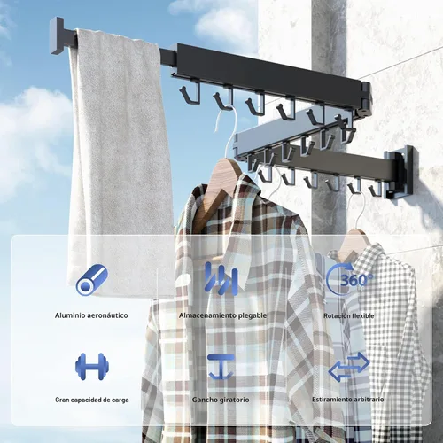 Vista 9 de HEILAIYI Estante de Secado de Ropa para Lavandería, Perchero de Ropa Montado en la Pared, Plegable, Retráctil, Plegable (Con Ganchos en Forma de J)