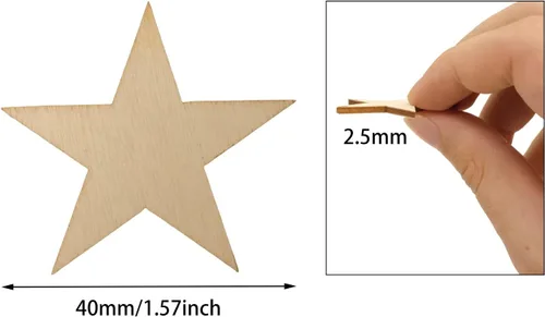 Vista 2 de yueton 100 piezas de madera de estrella en blanco sin terminar de 1.575 in/1.57 pulgadas, rebanadas de madera, adornos de estrella de madera