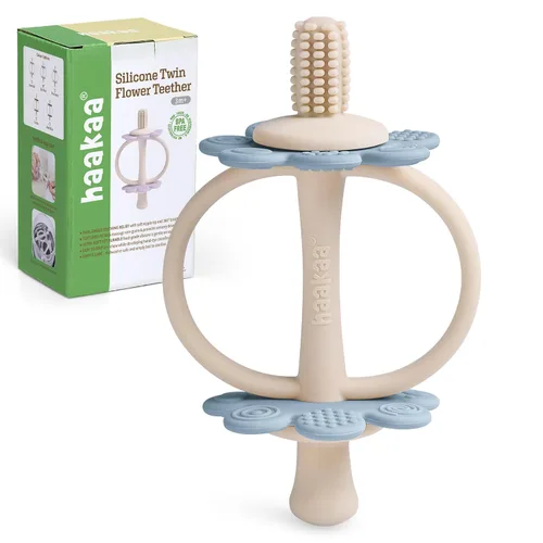 Vista 16 de juguetes de dentición de silicona para bebés haakaa, extremo con forma de pezón para masaje de encías, cabeza de cepillo de dientes de 360°