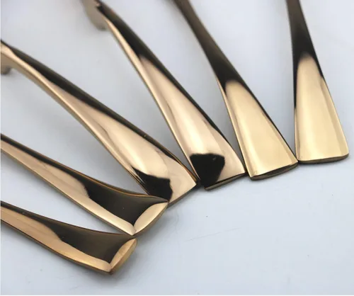 Vista 7 de Juego de cubiertos de acero inoxidable pulido de oro rosa, cuchillo de carne, tenedor, tenedor de ensalada, cuchara de postre, 24 piezas, servicio