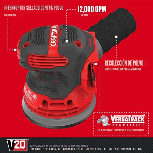 Vista 3 de CRAFTSMAN Lijadora orbital V20, inalámbrica, 12.000 OPM, solo herramienta desnuda (CMCW220B)